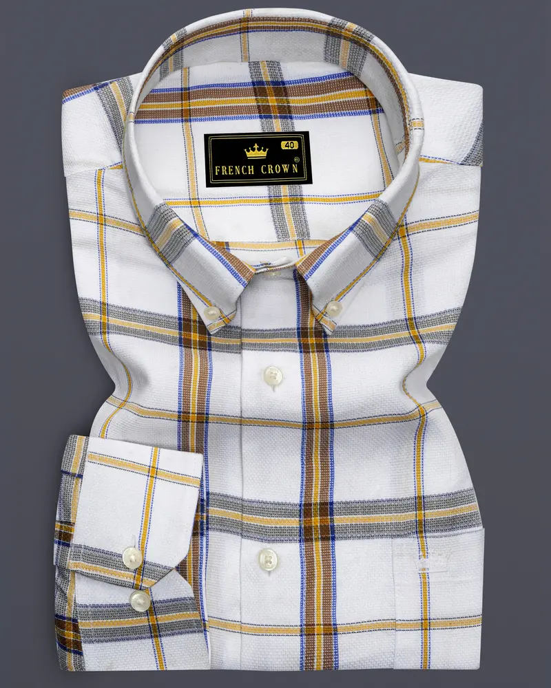 Off White Plaid Dobby Textured Premium Giza Cotton Shirt 6