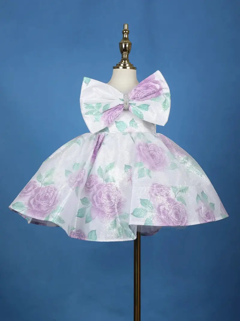 Off-White Rose Print Sleeveless Party Net Frock With Oversized Bow 1