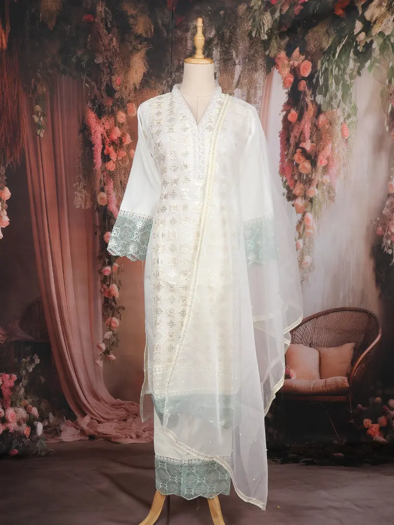 Off White Sequins Embroidered Cotton Salwar Suit With Dupatta 1