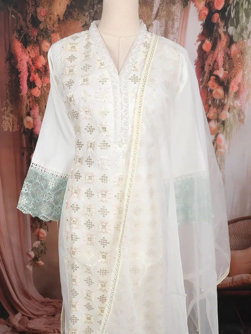 Off White Sequins Embroidered Cotton Salwar Suit With Dupatta 2