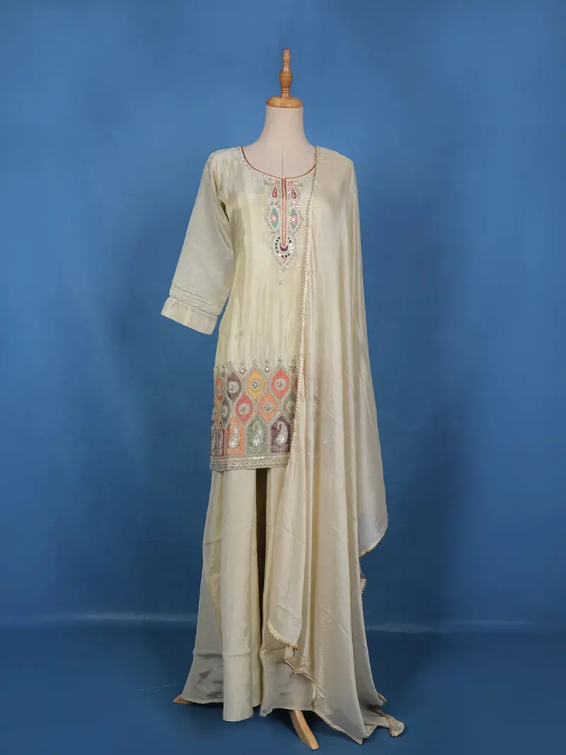Off White Sequins Embroidered Silk Palazzo Suit With Matching Dupatta 1