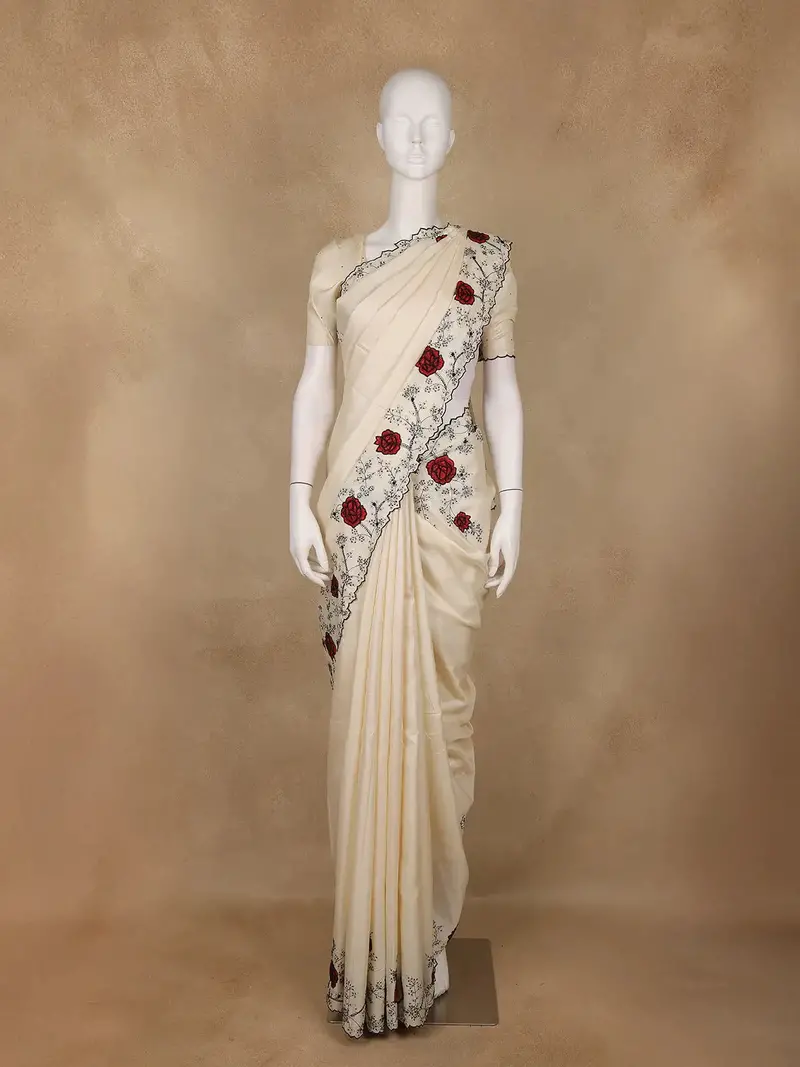 Off White Solid Design Pure Tissue Silk Saree 1