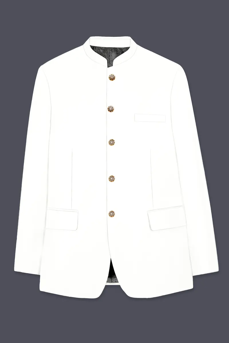 Off White Solid Wool Rich Bandhgala Slight Stretch Blazer 6