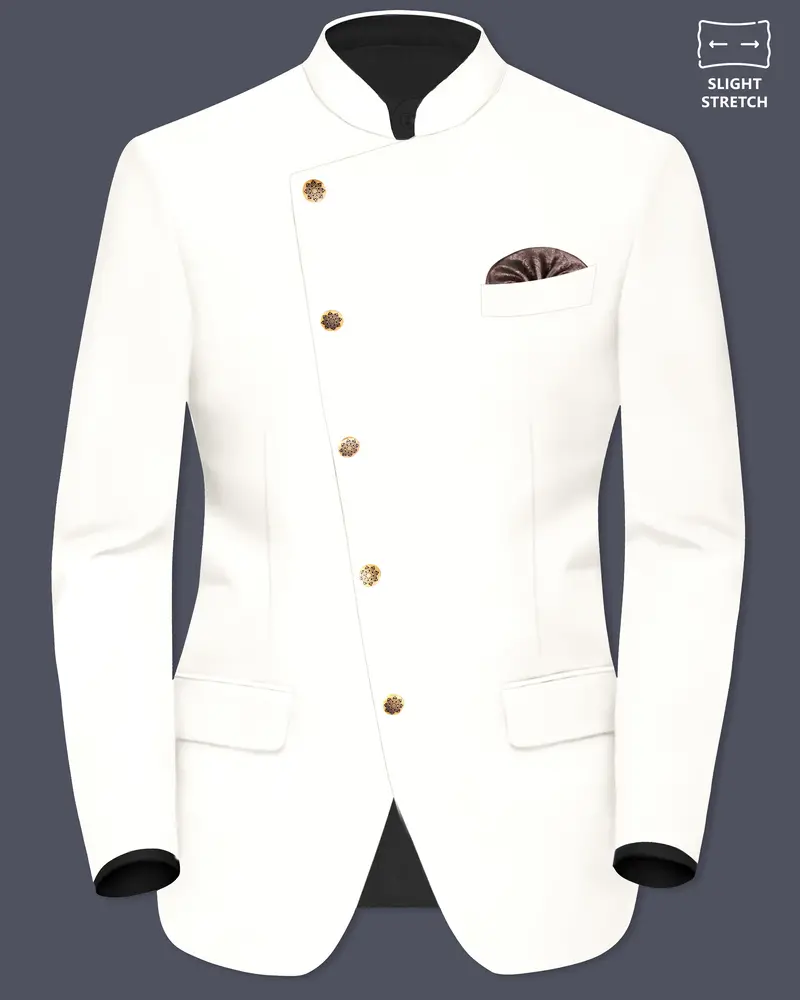Off White Solid Wool Rich Cross Placket Bandhgala Slight Stretch Blazer 1