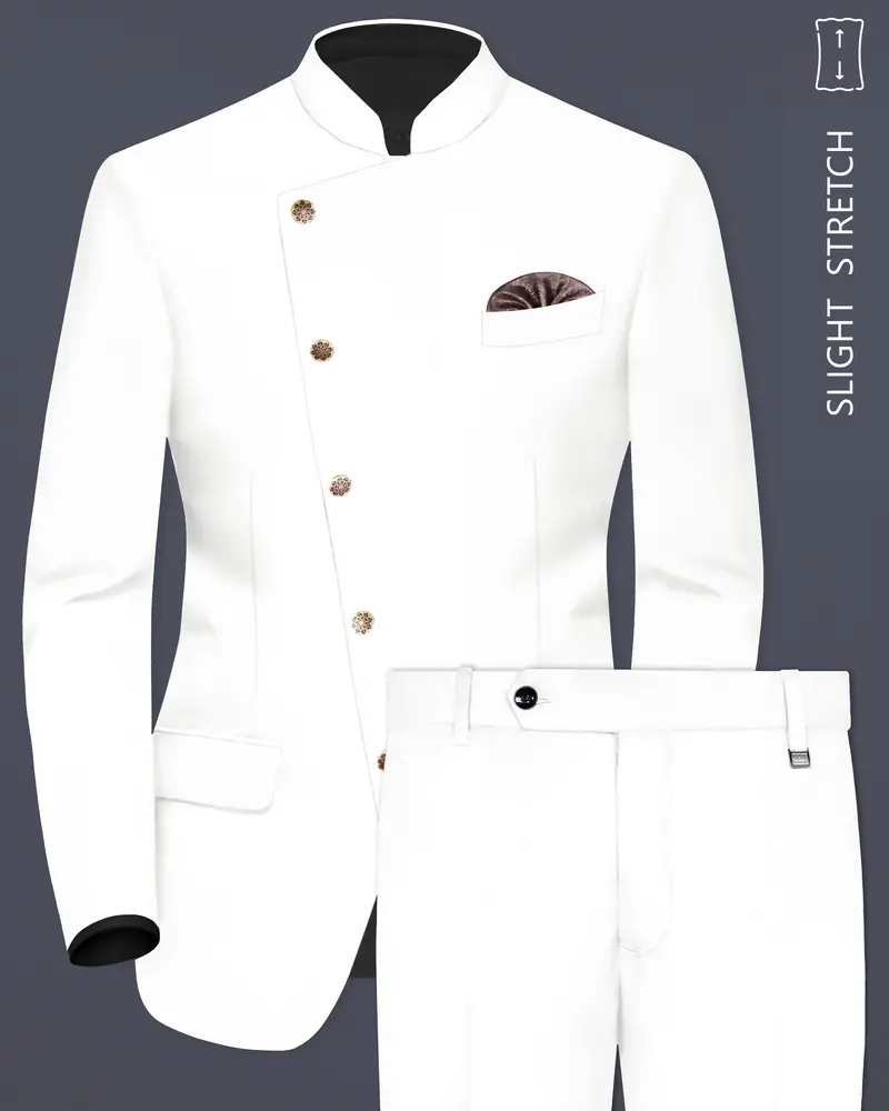 Off White Solid Wool Rich Cross Placket Bandhgala Slight Stretch Suit 1