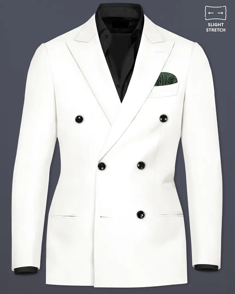 Off White Solid Wool Rich Double Breasted Slight Stretch Blazer 1