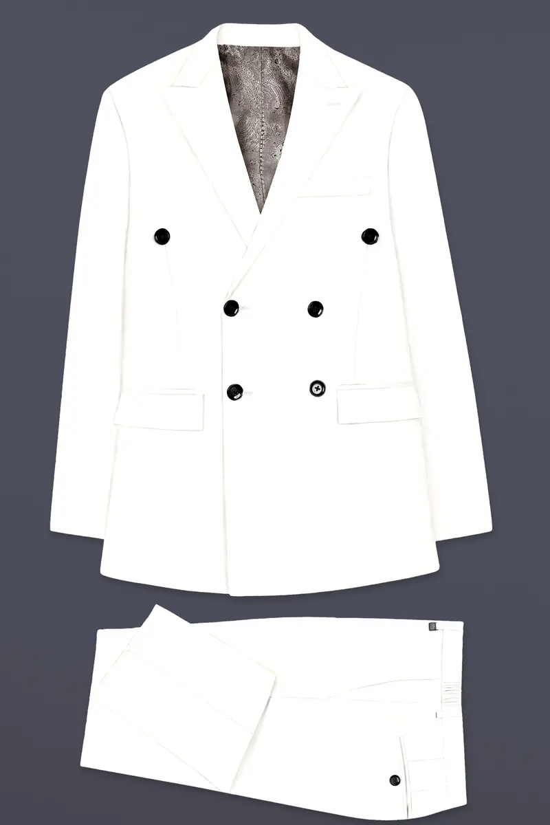 Off White Solid Wool Rich Double Breasted Slight Stretch Suit 11
