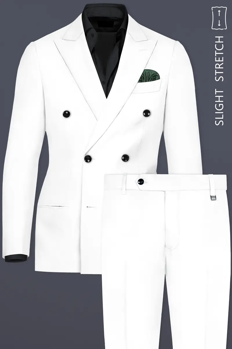 Off White Solid Wool Rich Double Breasted Slight Stretch Suit 2