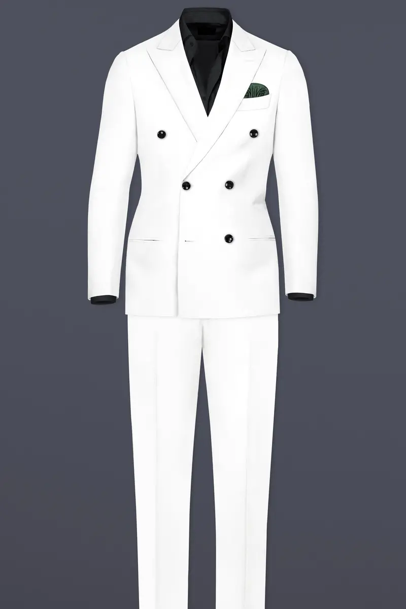 Off White Solid Wool Rich Double Breasted Slight Stretch Suit 4