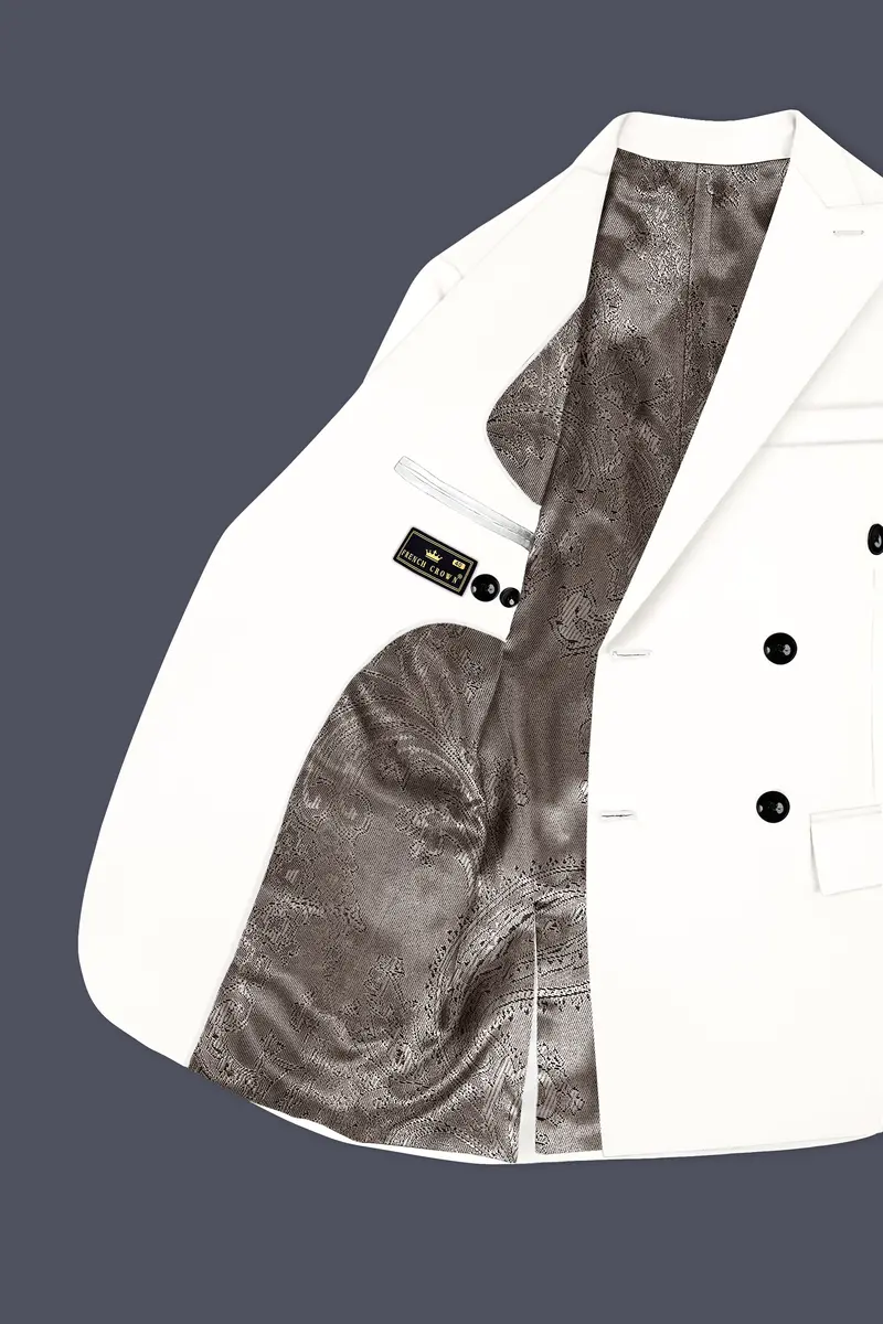 Off White Solid Wool Rich Double Breasted Slight Stretch Suit 5