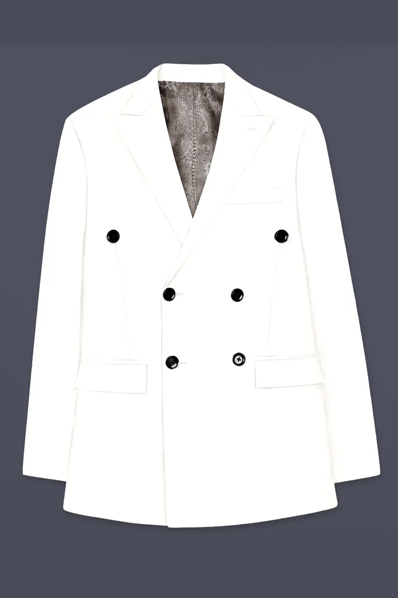 Off White Solid Wool Rich Double Breasted Slight Stretch Suit 8