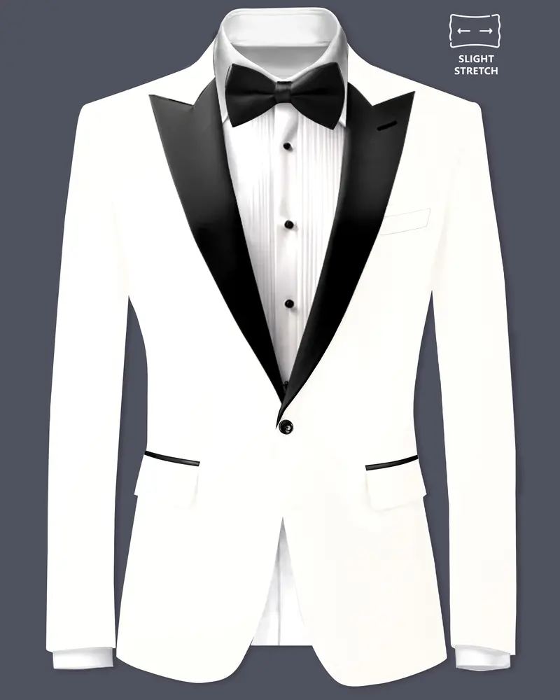 Off White Solid Wool Rich Peak Lapel Tuxedo Slight Stretch Blazer 1