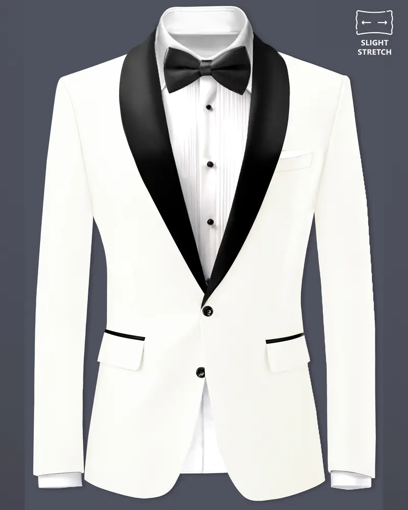 Off White Solid Wool Rich Tuxedo Slight Stretch Blazer 1