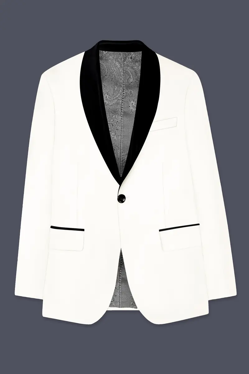 Off White Solid Wool Rich Tuxedo Slight Stretch Blazer 7