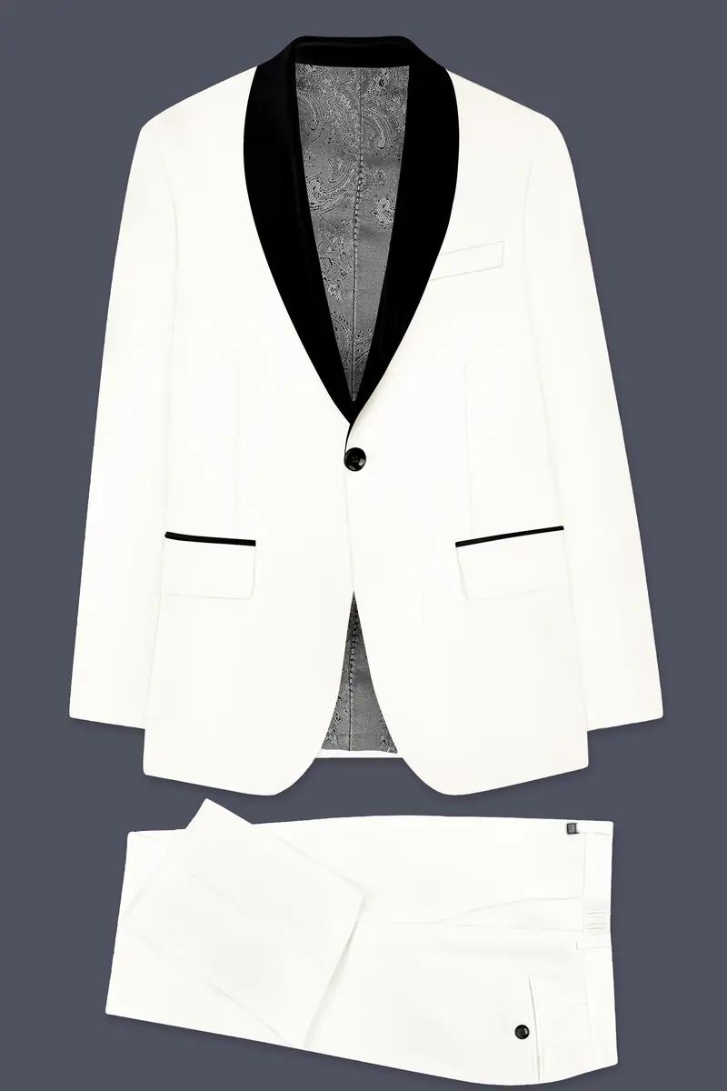 Off White Solid Wool Rich Tuxedo Slight Stretch Suit 11