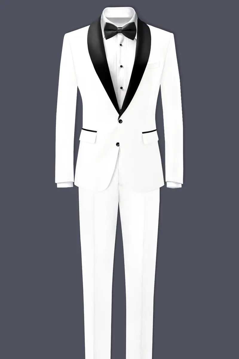 Off White Solid Wool Rich Tuxedo Slight Stretch Suit 4