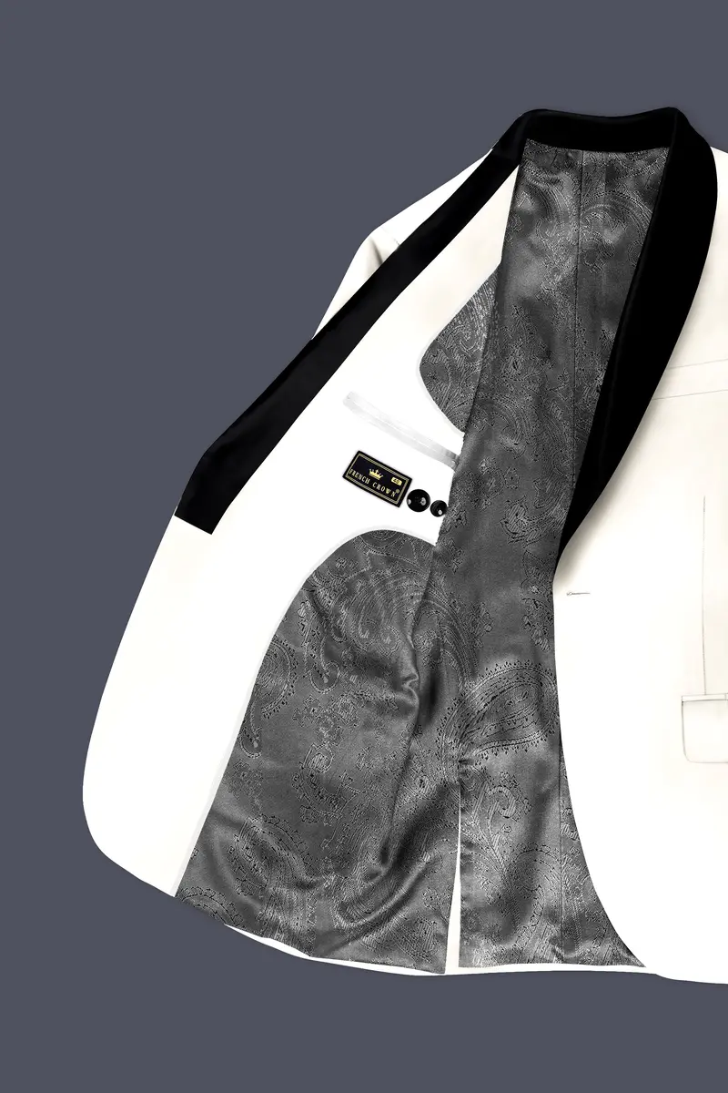 Off White Solid Wool Rich Tuxedo Slight Stretch Suit 5