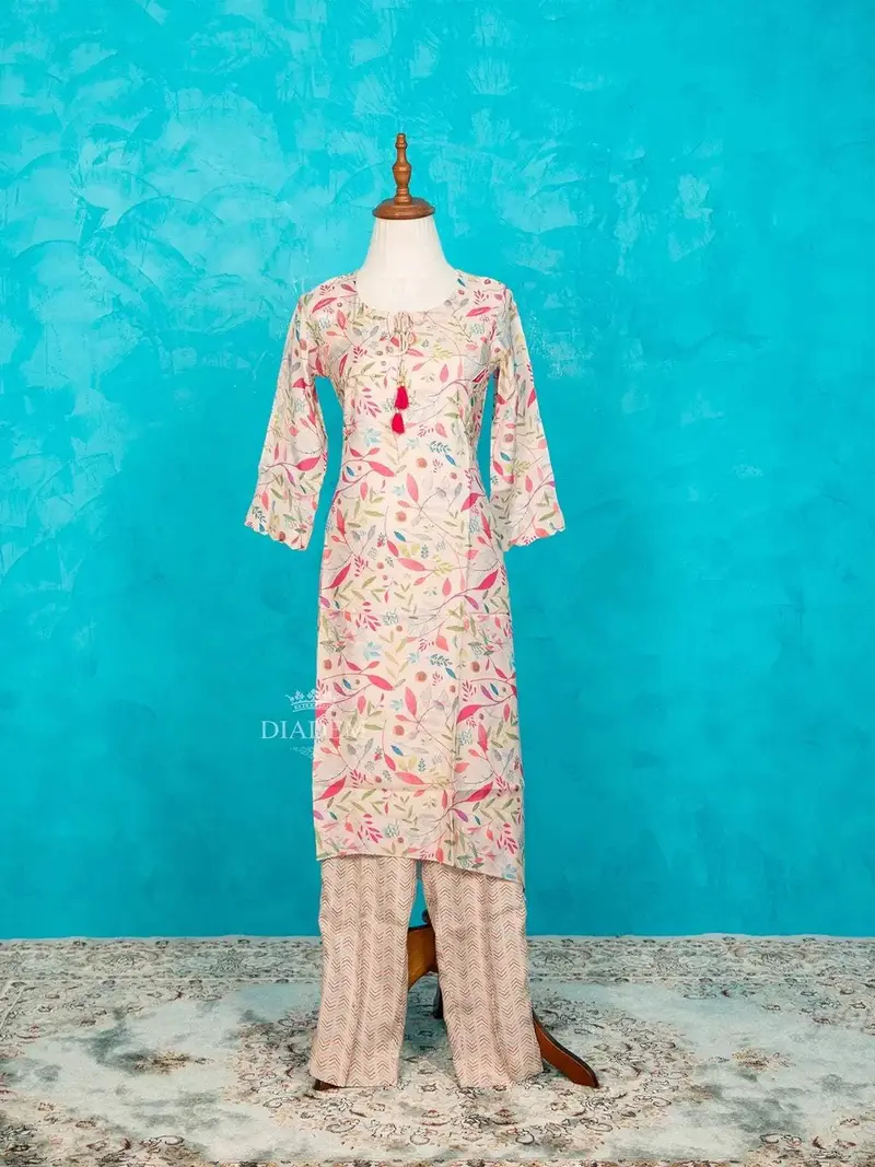 Off White Straight Cut Salwar Suit Adorned With Floral Prints And Beads 1