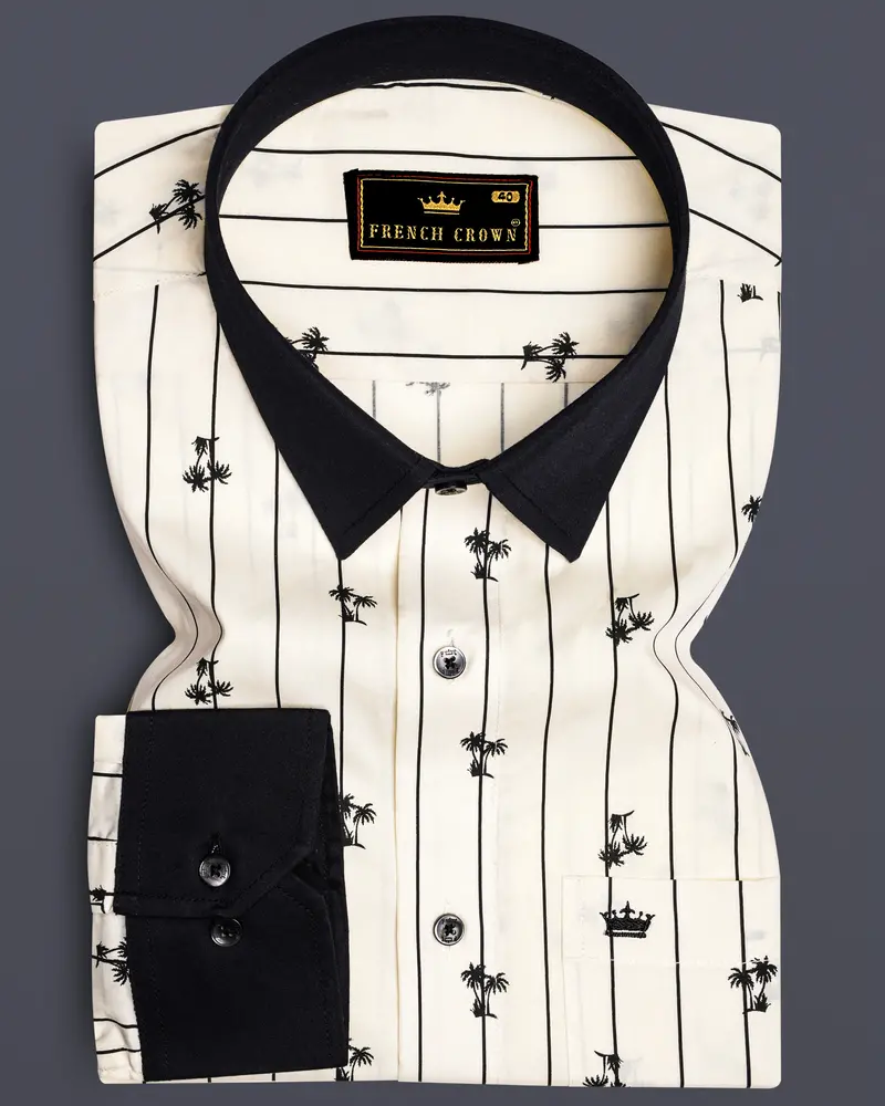 Off White Striped With Black Collar Premium Cotton Shirt 1
