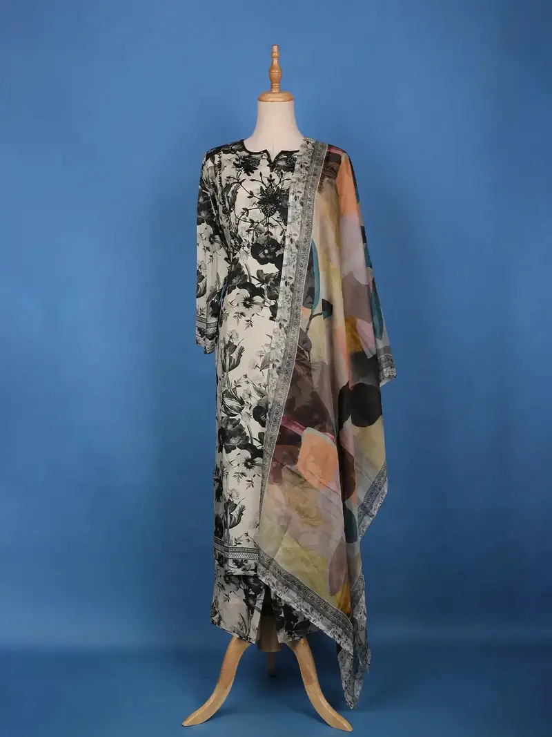 Off-White With Black Floral Print & Multicolor Dupatta Cotton Salwar Suit 1