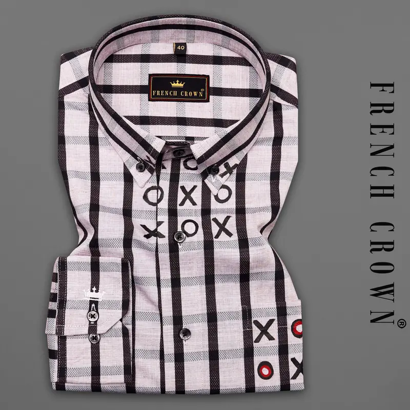 Off White With Black Hand Painted Tick Tack Toe Dobby Textured Premium Giza Cotton Shirt 1
