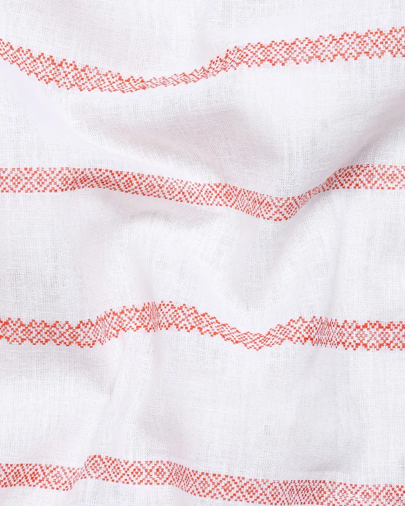 Off White With Orange Striped Button-Down Luxurious Linen Shirt 2