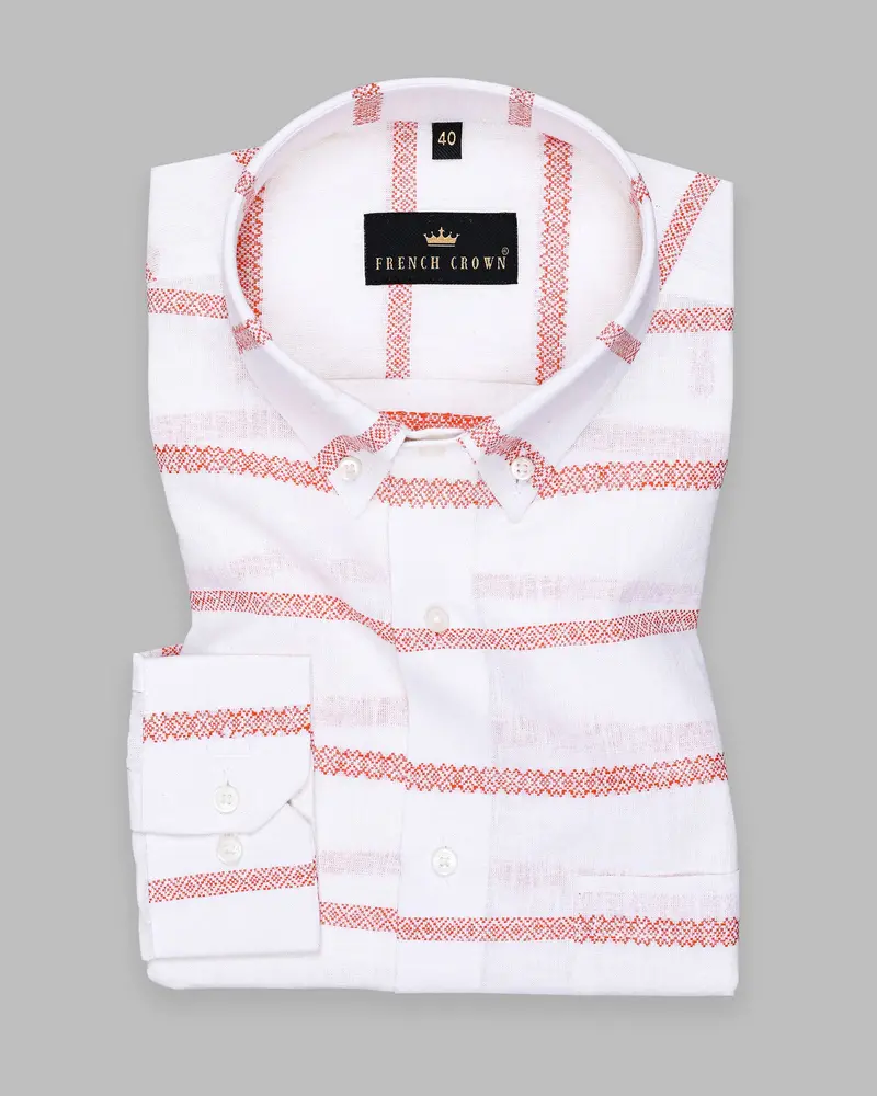 Off White With Orange Striped Button-Down Luxurious Linen Shirt 3