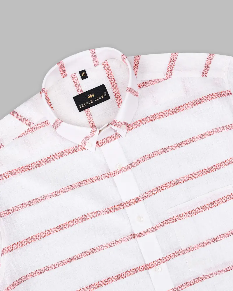 Off White With Orange Striped Button-Down Luxurious Linen Shirt 4