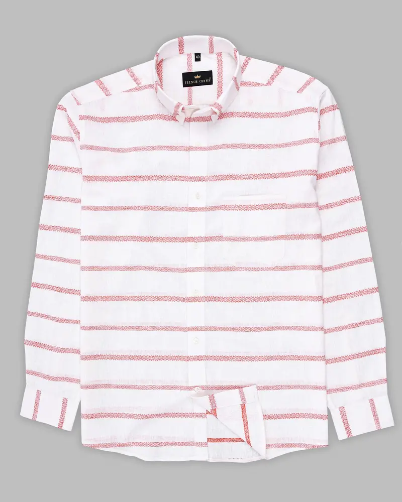 Off White With Orange Striped Button-Down Luxurious Linen Shirt 5