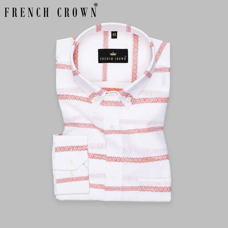 Off White With Orange Striped Button-Down Luxurious Linen Shirt 9
