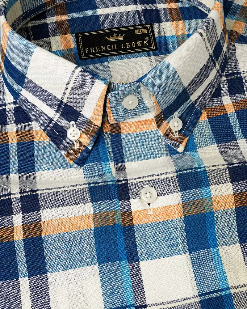 Off White With Tangaroa Blue Plaid Luxurious Linen Shirt 1