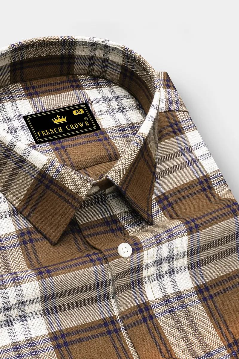 Old Copper Brown With Bunting Blue Twill Plaid Premium Cotton Shirt 2