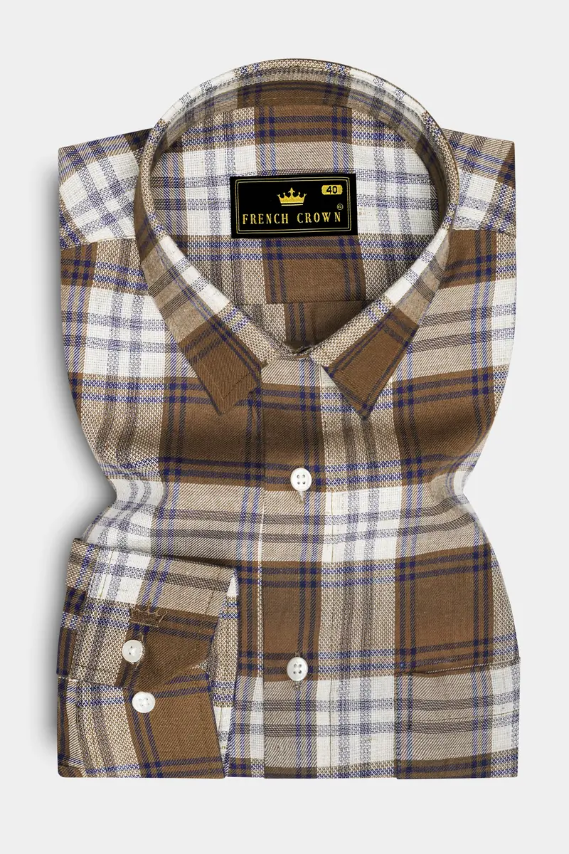 Old Copper Brown With Bunting Blue Twill Plaid Premium Cotton Shirt 4