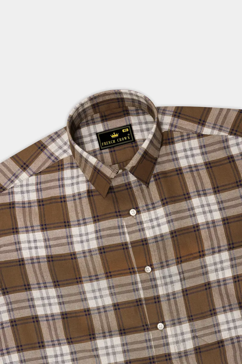 Old Copper Brown With Bunting Blue Twill Plaid Premium Cotton Shirt 5