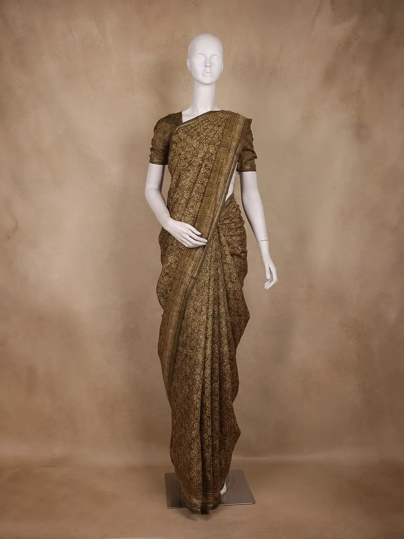 Olive Brown Floral Design Semi Tussar Saree With Embroidery Border 1