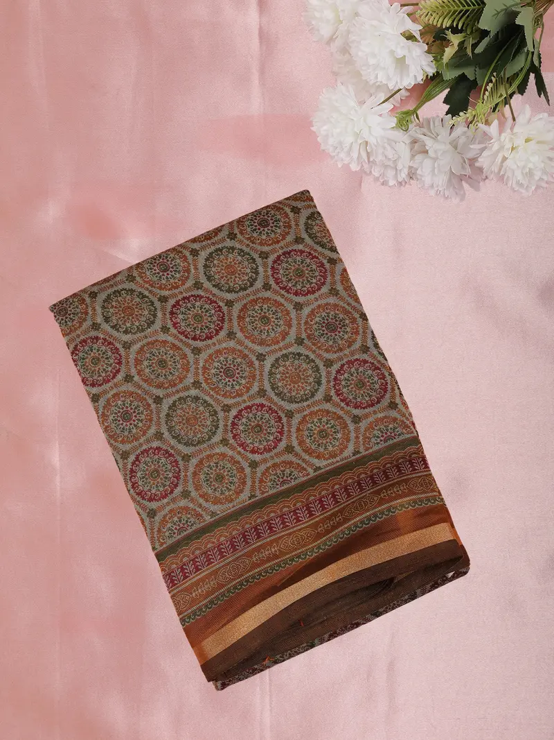 Olive Brown Kalamkari Printed Design Mixed Silk Cotton Saree With Contrast Border 1