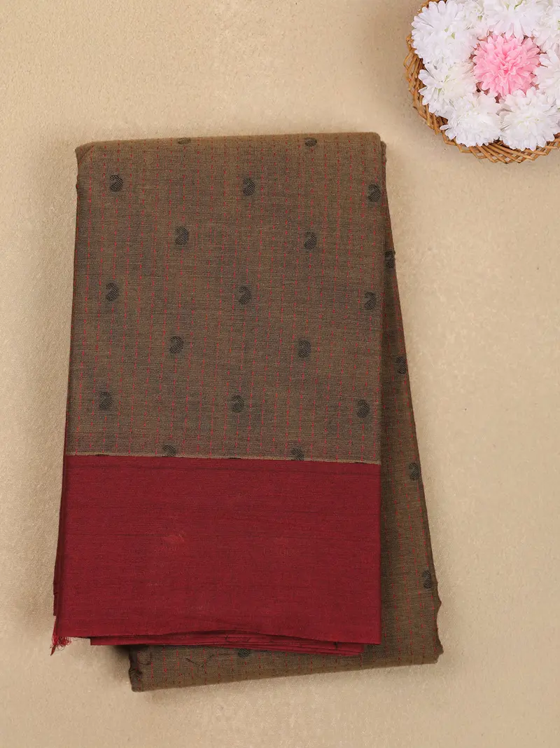 Olive Brown Paisley Butta Woven Design Cotton Saree With Contrast Border 1