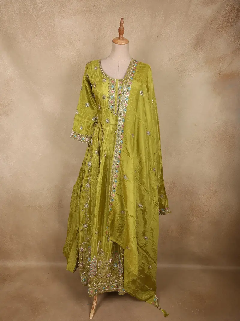 Olive Chartreuse Green Floral Sequins And Beads Embroidered Design Satin Partywear Gown With Dupatta 1