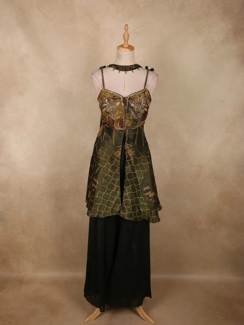 Olive Forest Green Sequins And Beads Embroidered Design Tissue Palazzo Suit With Dupatta 1