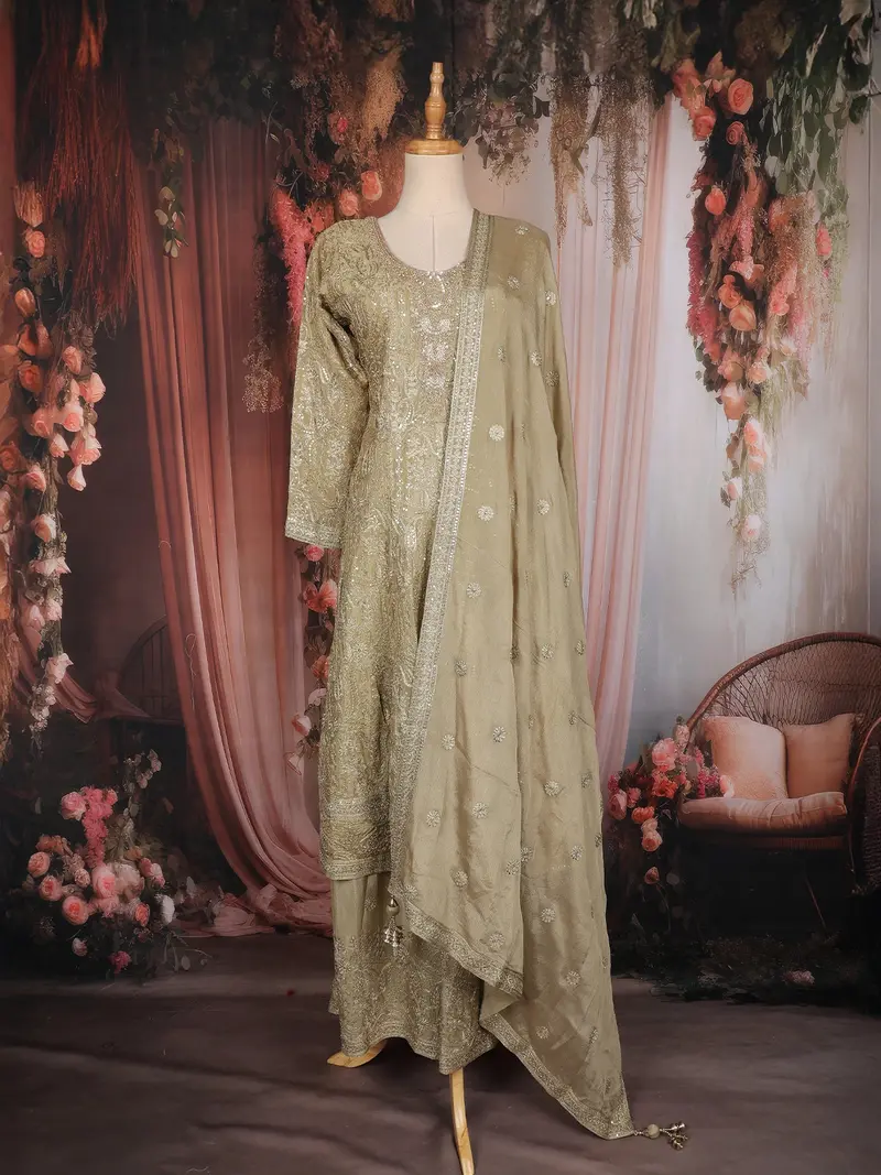Olive Gold Floral Embroidered Georgette Palazzo Suit With Dupatta 1