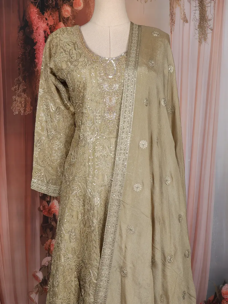 Olive Gold Floral Embroidered Georgette Palazzo Suit With Dupatta 2