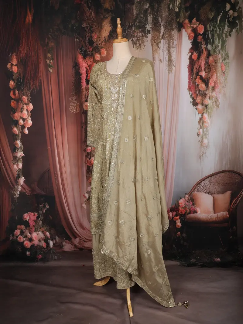 Olive Gold Floral Embroidered Georgette Palazzo Suit With Dupatta 3