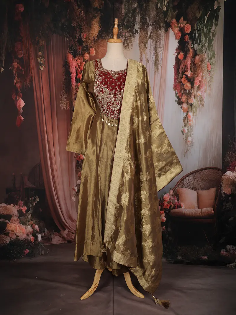 Olive Gold Floral Embroidered Tissue Organza Anarkali Suit With Jacquard Dupatta 1