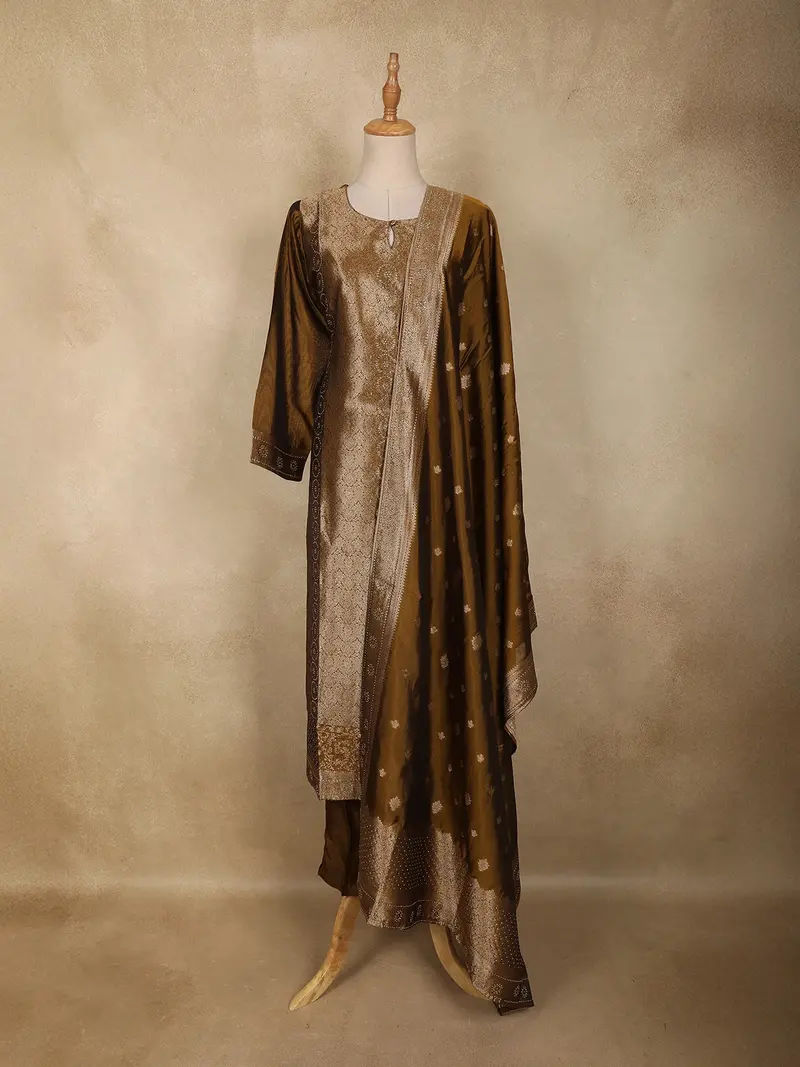 Olive Gold Zari Woven Design Silk Straight Suit With Dupatta 1