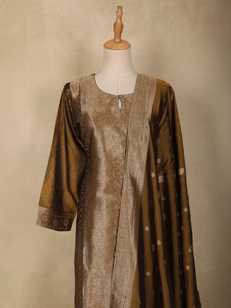 Olive Gold Zari Woven Design Silk Straight Suit With Dupatta 2