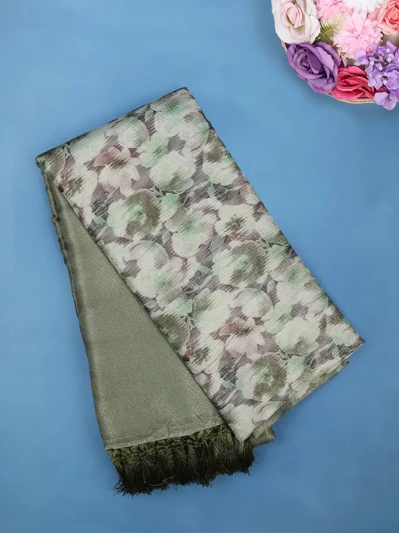 Olive Green Abstract Floral Digital Print Soft Silk Saree 1