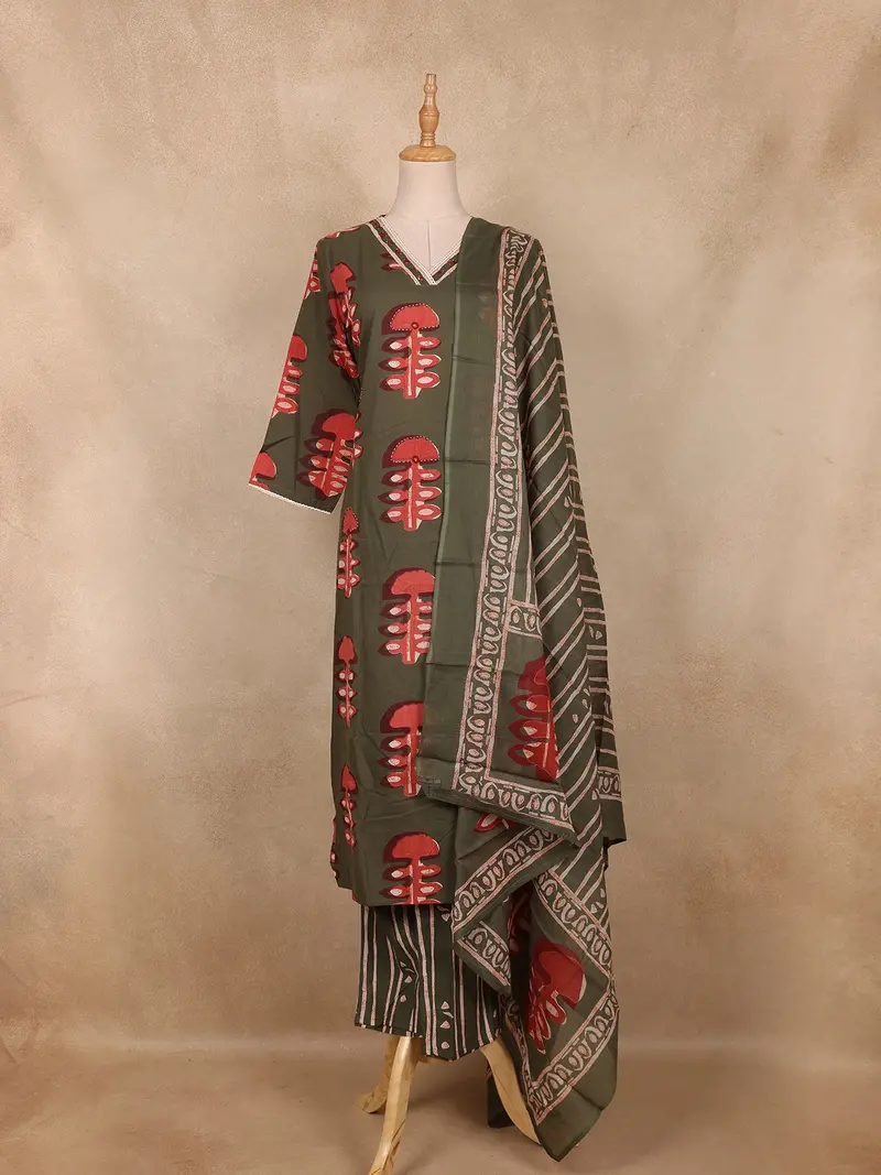 Olive Green Abstract Printed Cotton Salwar Suit With Dupatta 1