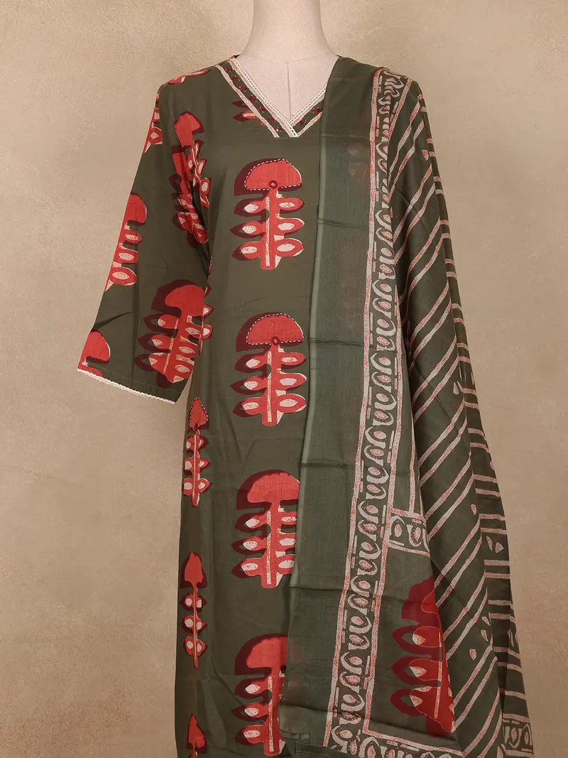 Olive Green Abstract Printed Cotton Salwar Suit With Dupatta 2