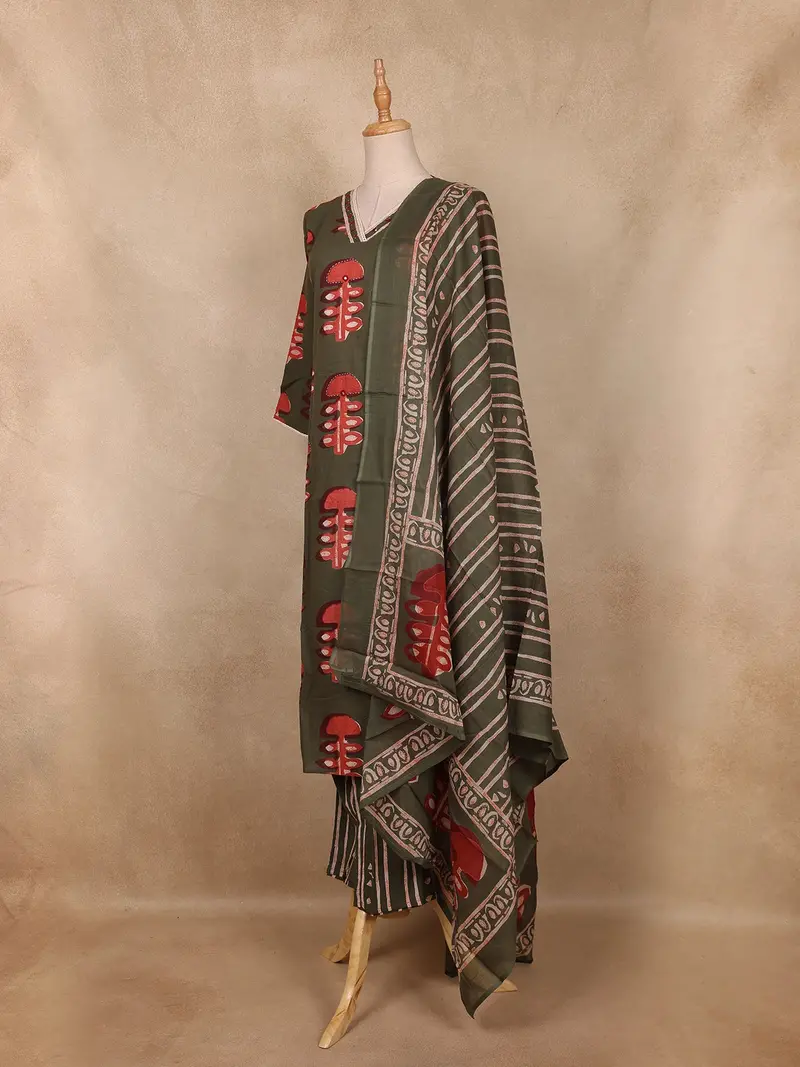 Olive Green Abstract Printed Cotton Salwar Suit With Dupatta 3