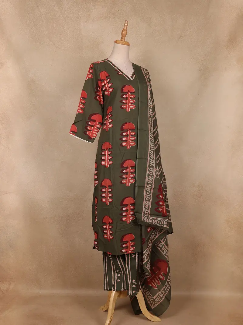 Olive Green Abstract Printed Cotton Salwar Suit With Dupatta 4